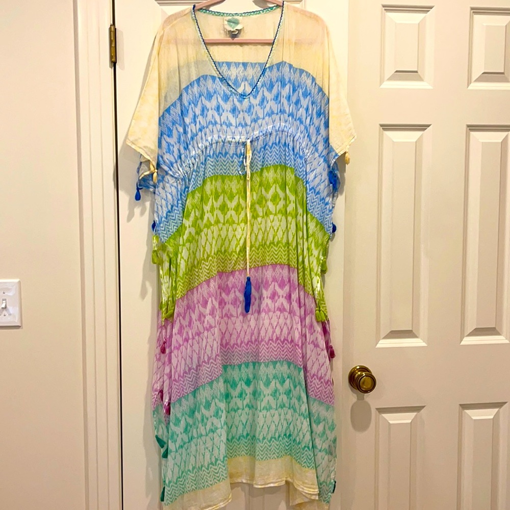 Indian block print style cover up caftan dress EUC